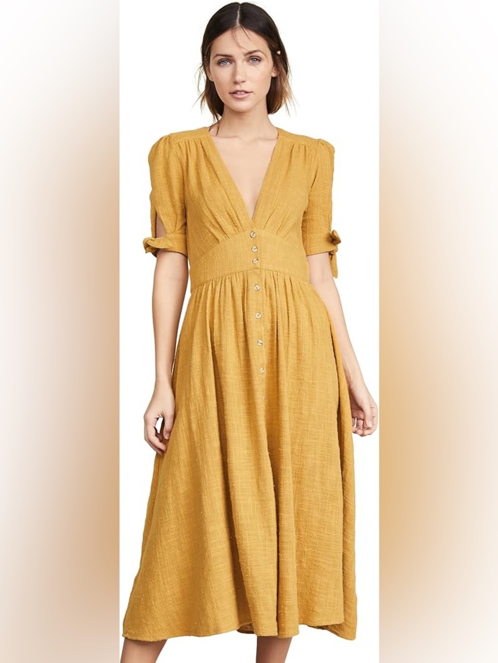Free People Mustard Button-Front Midi Dress with Tie Sleeves